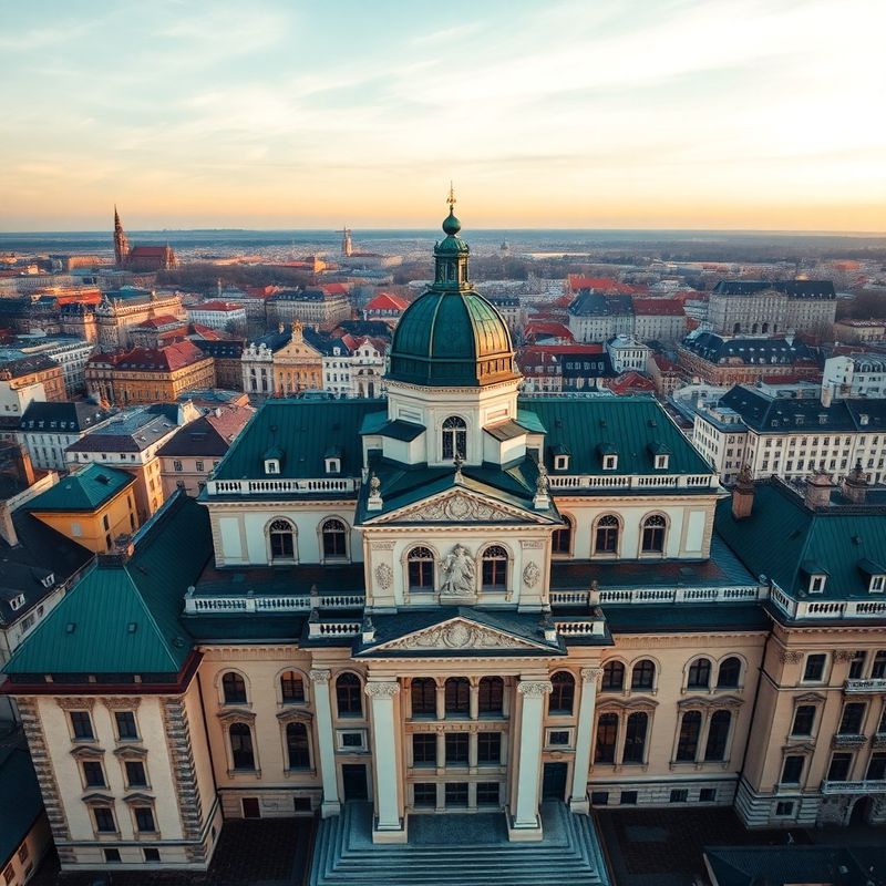 Letecký pohled na budovu Ministerstva financí v Praze